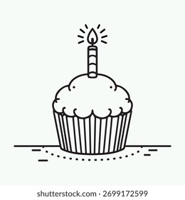 A simple thin line illustration from an empty coloring book showing a cupcake with a candle