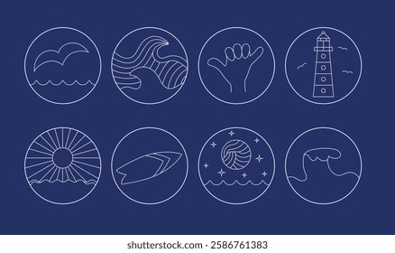 Simple thin line round ocean, surf icons for sticker, t shirt, merch design. White vector badge with sun, board, wave