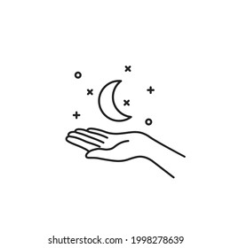 simple thin line stars and moon in female hand. concept of linear fashion or gothic label badge. flat lineart trend modern logotype graphic stroke art design element isolated on white background
