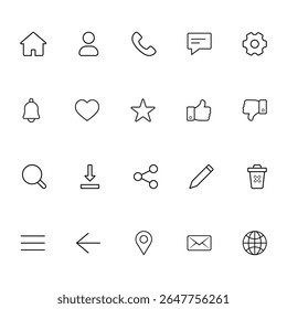 Simple thin line user interface icon set for web social media and mobile app design. Fully scalable and customizable.