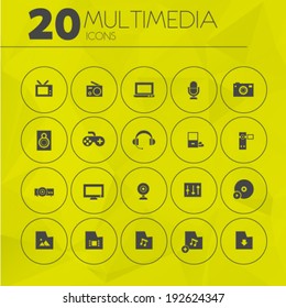 Simple thin multimedia icons on geometric polygonal triangular background