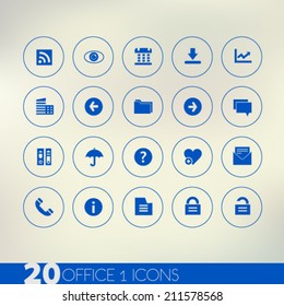 Simple thin office 1 blue icons on light blurred background, 10 EPS 