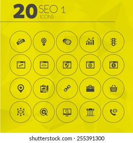 Simple thin SEO icons on geometric polygonal triangular background, set 1