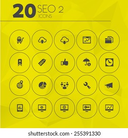 Simple thin SEO icons on geometric polygonal triangular background, set 2
