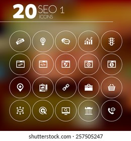Simple thin SEO icons on blurred background, set 1