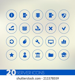 Simple thin server blue icons on light blurred background, 10 EPS 