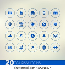 Simple thin tourism blue icons on light blurred background, 10 EPS