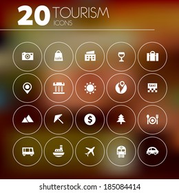 Simple thin tourism icons on blurred background, 10 EPS