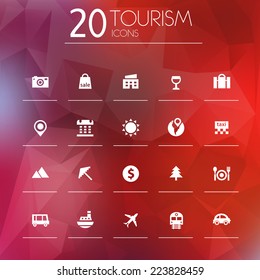 Simple thin tourism icons on blurred background, 10 EPS
