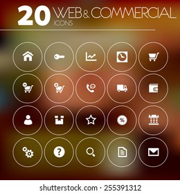 Simple thin web & commercial icons on blurred background