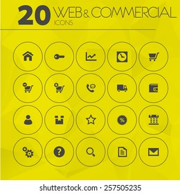 Simple thin web & commercial icons on geometric polygonal triangular background