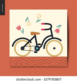 Einfache Dinge - Fahrrad mit gelben Rädern, umgeben von Blumen, Sommerpostkarte, Vektorgrafik