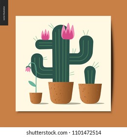 Simple things - blooming cacti and a flower growing in the flowerpots, postcard, vector illustration