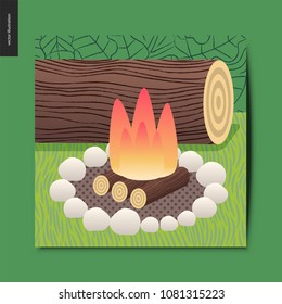 Simple things - camp fire and firewood with white stones, and a log for sitting on the background, summer postcard, vector illustration