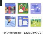 Simple things - cards - flat cartoon vector illustration of town houses, canal bank, two birds, man skiing, coffee, milk, sugar, field with sheep, tee meal, tiny house - summer postcards composition