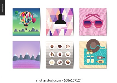 Simple things - cards - flat cartoon vector illustration of air balloons, lamp, abstract background, sunglasses, mountains with snow, chocolate candies, beach accessories -summer postcards composition