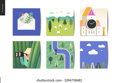 Simple things - cards - flat cartoon vector illustration of envelope, herbarium, sheep, field, tower clock, hunter, grass, binocular, top view forest river map, sky view - summer postcards composition