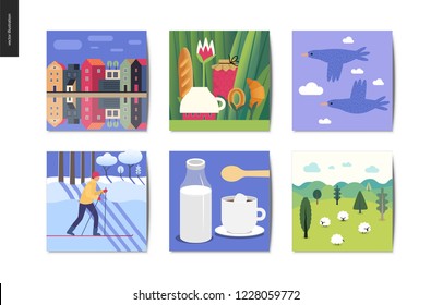 Simple things - cards - flat cartoon vector illustration of town houses, canal bank, two birds, man skiing, coffee, milk, sugar, field with sheep, tee meal, tiny house - summer postcards composition