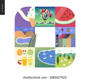Simple things - color - flat cartoon vector illustration of ice cream, air balloons, watermelon, mountain landscape, town houses, ducks, lake, sheep, field, meal, breakfast, fruit - colour composition