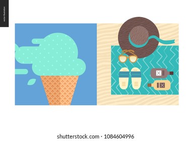 Simple things - color - flat cartoon vector illustration of mint ice cream cone, beach accessories, hat, sun protection, flip flops, sunglasses, tanning oil, beach towel on sand - colour composition