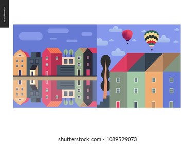 Simple things - color - flat cartoon vector illustration of houses row of town houses, canal bank, clouds, sky, townhouses, tall trees, hot air balloons and clouds - colour composition