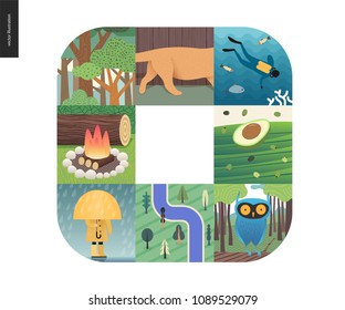 Simple things - color - flat cartoon vector illustration of trees, cat, fish, scuba diver, ocean sea, avocado, olives, fireplace wood, rain, yellow raincoat, kitten, river and owl - colour composition