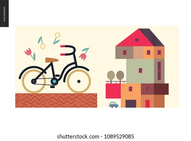 Simple things - color - flat cartoon vector illustration of four storey colorful countryside house, terrace, trees, car, garage, bicycle with yellow wheels surrounded by flowers - colour composition