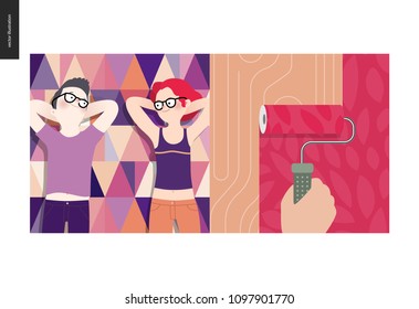 Simple things - color - flat cartoon vector illustration of hand holding paint roller painting with red paint, leaf design, young couple, picnic, triangle patterned purple plaid - colour composition