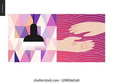 Simple Things - Color - Flat Cartoon Vector Illustration Of Two Hands Reaching For Each Other, A Black Lamp Raying Soft Light With Triangle Pattern Wallpaper On The Background - Colour Composition