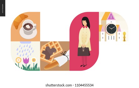 Simple things - color set - flat cartoon vector illustration of croissant, coffee, blooming flowers, waffles with chocolate, long loaf, bread, school girl, tower with clock - colour composition