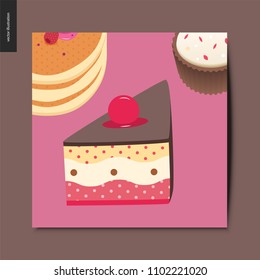 Simple things - dessert - a slice of cake with a cherry on top, a stack of american pancakes, and a cupcake, postcard, vector illustration