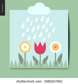 Simple things - flowers - flat cartoon vector illustration of flowers and tulip in the grass, and rain drop from the cloud above, summer postcard