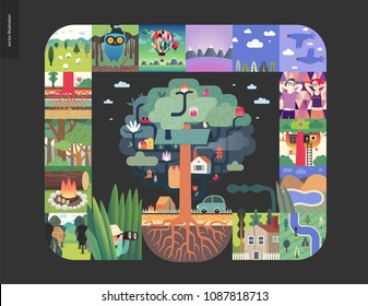 Simple things - forest set on a black background - flat cartoon vector illustration of hunter, field, trees, firewood, forest, roots, sheep, owl, air balloons, mountains, birds, house - composition