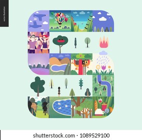 Simple things - forest set on a mint background - flat cartoon vector illustration of forest, ducks, river, trees, couple, birds, flowers, tee meal, tree house, seapiece, boat and lake - composition