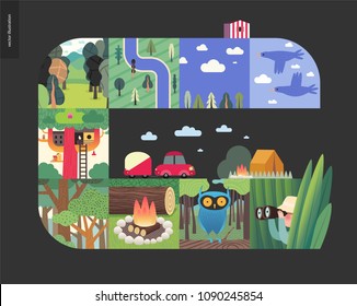 Simple things - forest set on a black background - flat cartoon vector illustration of birds, sky, clouds, top view camp with river, trees, forest, treehouse, woods, woodfire, owl, hunter -composition