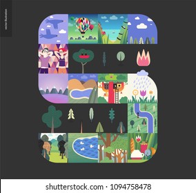 Simple things - forest set on black background - flat cartoon vector illustration of forest, ducks, river, trees, couple, birds, flowers, air balloon, tree house, seapiece, boat and lake - composition