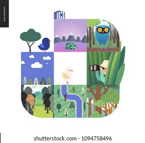 Coisas simples - floresta definida em um fundo branco - desenho animado plano vetor ilustração de coruja em florestas, floresta, mapa de vista superior, rio, céu, nuvens, pássaro, caçador em grama, montanhas com neve -composição