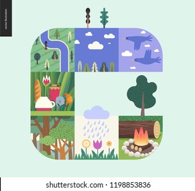 Simple things - forest set on a mint background - flat cartoon vector illustration of birds, sky, clouds, top view camp with river, tee meal, forest, woods, wood fire, blooming flowers -composition