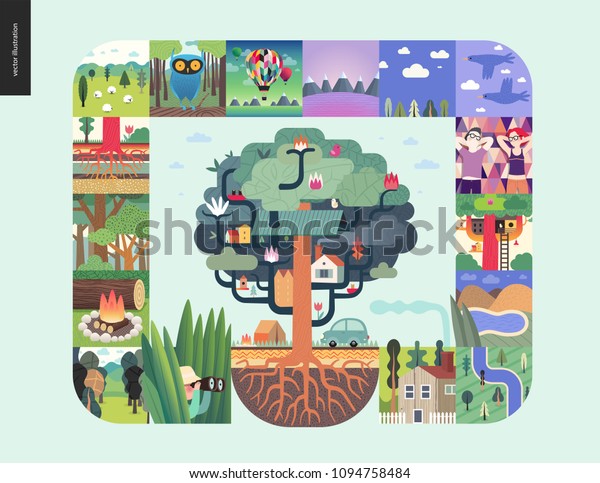 Simple things - forest set on a mint\
background - flat cartoon vector illustration of hunter, trees,\
firewood, forest, roots, sheep, owl, air balloons, mountains,\
birds, date, lake, map -\
composition