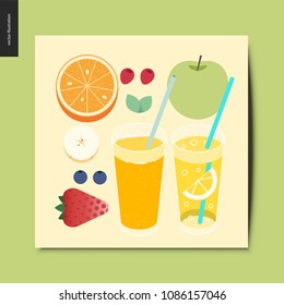 Simple things - fruit and berries - flat cartoon vector illustration of breakfast meal, fruit, berries, mint, fresh orange juice and lemonade- summer postcard