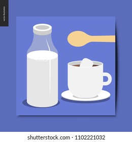 Simple things - glass bottle of milk, wooden spoon and a cup of coffee or hot chocolate with marshmallow floating in it, summer postcard, vector illustration