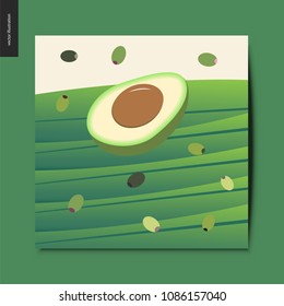 Einfache Dinge - die Hälfte Avocado und die schwarz-grünen Oliven auf den langen Blättern, Postkarte, Vektorgrafik