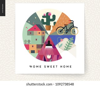 Simple things - home - flat cartoon vector illustration of countryside three storey house, cactus, flower, bicycle, envelope, leaves, herbarium, lamp, Home Sweet Home lettering - house circle postcard
