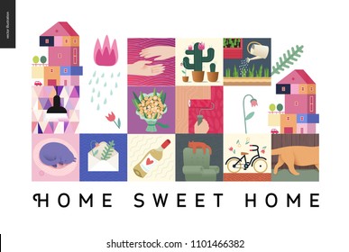 Simple things - home - flat cartoon vector illustration of countryside house, black lamp, sleeping cat, herbarium, wine, bouquet, hands, cactus, roller, bicycle, tulip, gardening -house black postcard