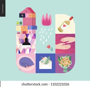 Simple things - home - flat cartoon vector illustration of countryside house, black lamp, sleeping cat, envelope with herbarium, bouquet, two hands, white wine, tulip and rain - house mint postcard