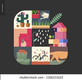 Simple things - home - flat cartoon vector illustration of countryside house, paint roller, sleeping cat, bicycle, gardening, cactus, kitten tail, tulips and rain - house black postcard