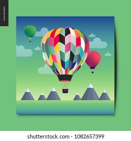 Simple things - hot air balloons above mountains on the background, summer landscape, summer postcard, vector illustration