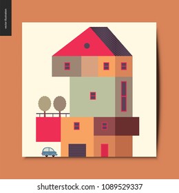 Simple things - house - flat cartoon vector illustration of a colorful countryside house with a terrace and trees on it, and a car next to the garage, summer postcard