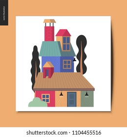 Simple things - house - flat cartoon vector illustration of a colorful countryside house with a chimney, attic roof space, and tall trees around it, and a car next to the garage, summer postcard