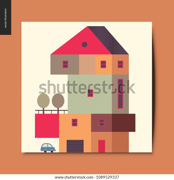 Simple things - house - flat\
cartoon vector illustration of a colorful countryside house with a\
terrace and trees on it, and a car next to the garage, summer\
postcard